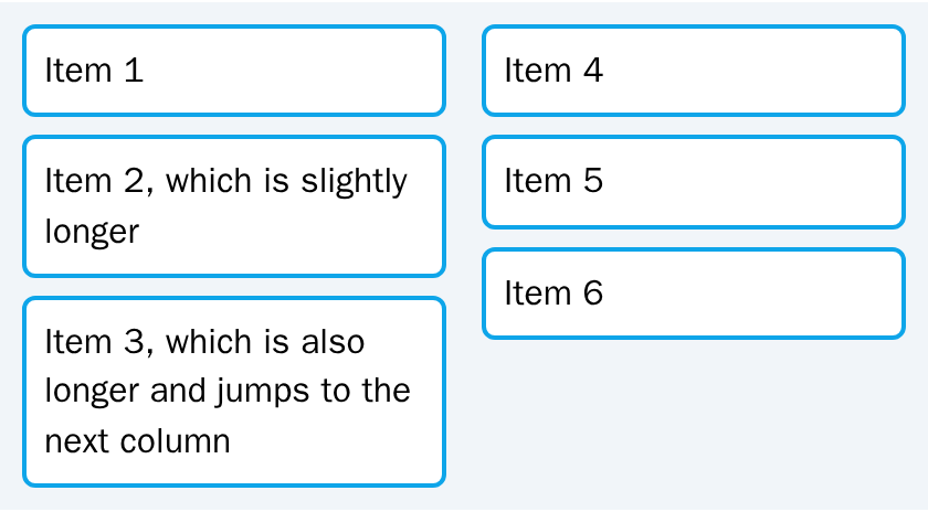 The same six items with break-inside: avoid; item 3 stays whole in the first column