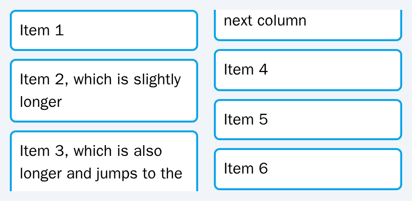 Six items in two CSS columns; item 3 is cut in half, with its last line at the top of the second column