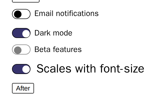 The same switches in forced-colors mode: outlined tracks, a dark knob when off, and a highlighted track with a light knob when on
